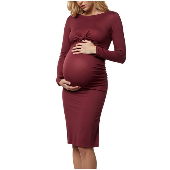 Lispipm Women Maternity Sweater Dress Ribbed Knit Knee Length Long Sleeve Dresses Winter Warm Versatile Pregnant Clothes Red XXL