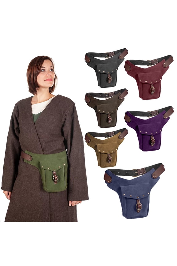 Women Mens Retro Waist Bag Outdoor Hiking Fanny Pack Adjustable Leather Belt Button Pocket Decoration Gift for Party Black