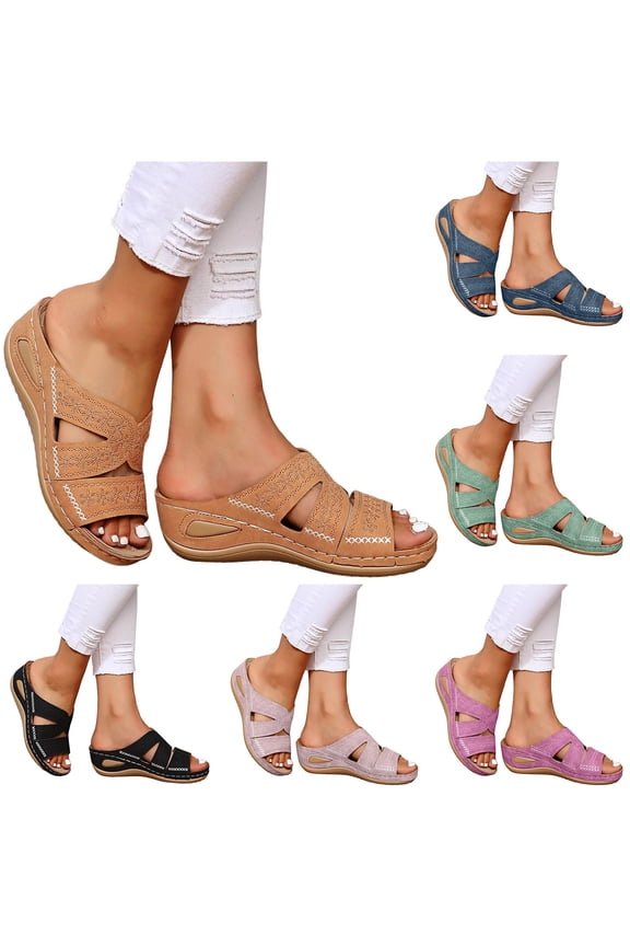 Women Orthopedic Wedge Sandals Wide Width Comfortable Beach Slides Shoes Summer Slip on Soft Rubber Casual Slippers size 5.5 Black
