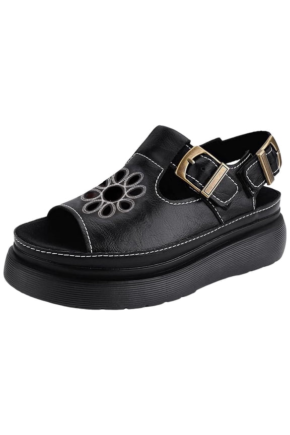 Women Platform Sandals Comfortable Hollow Out Flower Flatform Shoes Summer Outdoor Slip on Comfortable Walking Shoes Black 9