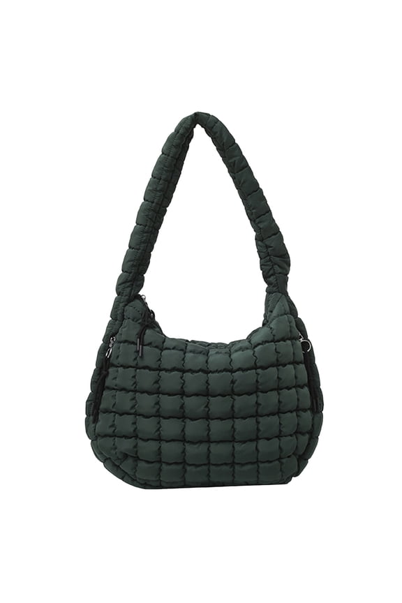 Women Quilted Puffy Tote Bag Cute Clouds Shoulder Bags Lightweight Bubble Ruffled Purse for Trip Shopping Green
