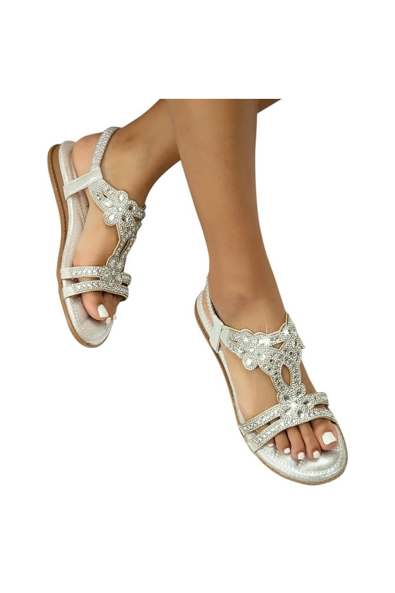 Women Rhinestone Flat Sandals Sparkly Bohemian Ankle Strap Slide Sandal Ladies Travel Beach Shoes with Arch Support Silver 8