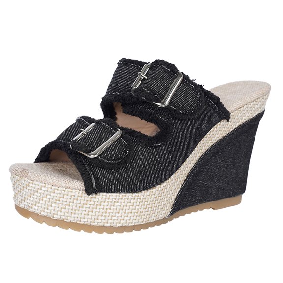 Modstep Women Slip on Platform Wedge Sandals High Wedges Heels Tow Strap Buckles Trendy Slides Ladies Travel Party Shoes Size 7.5 Black