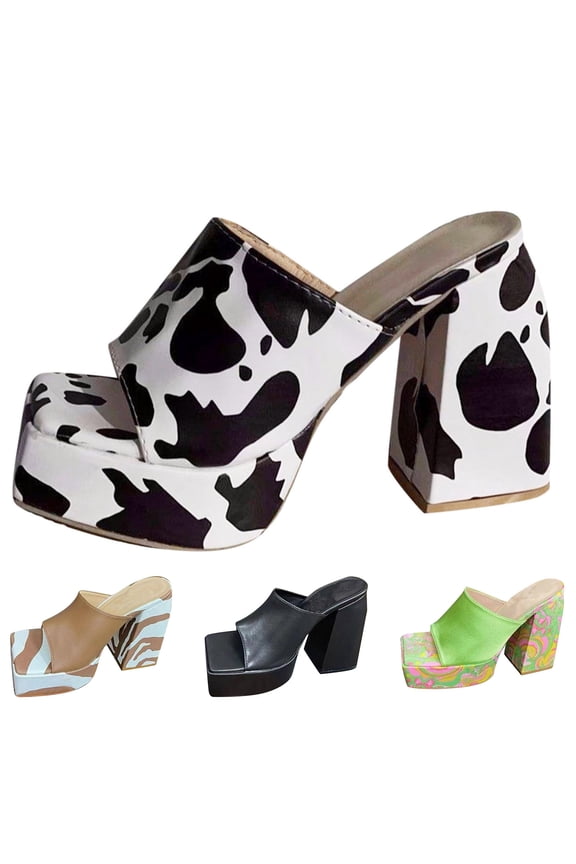 Women's Chunky Platform Heel Sandals Square Open Toe Block Heeled Print Slippers Arch Support Walking Slide Shoes Green 7