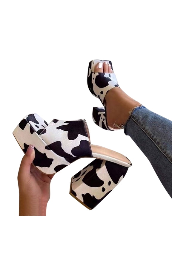 Women's Chunky Platform Heel Sandals Square Open Toe Block Heeled Print Slippers Arch Support Walking Slide Shoes White 8