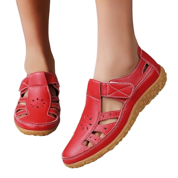 Modstep Women's Closed Toe Hollow Out Walking Shoes Casual Leather Slip on Flat Sandal with Hook and Loops Work Driving Shoe Red 10.5
