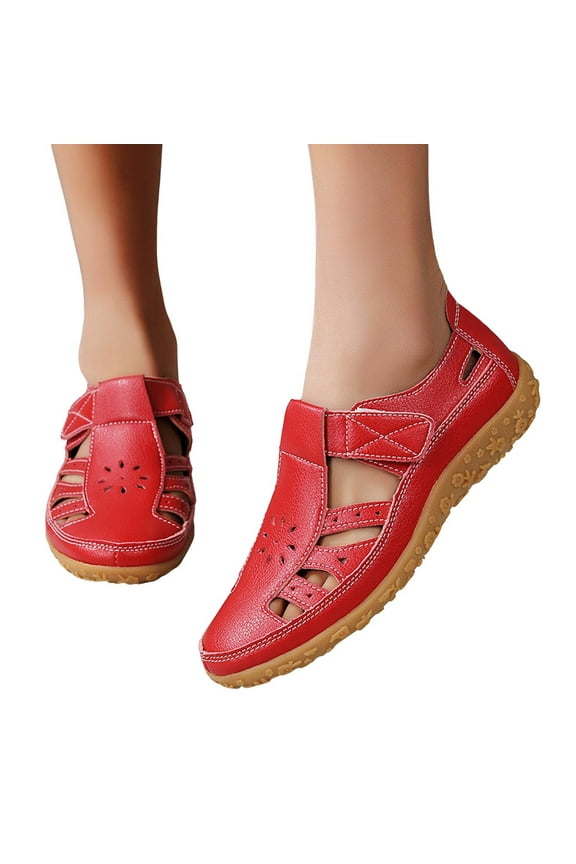 Women's Closed Toe Hollow Out Walking Shoes Casual Leather Slip on Flat Sandal with Hook and Loops Work Driving Shoe Red 7.5