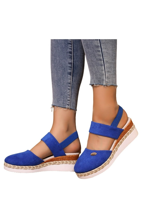 Women's Elastic Ankle Strap Espadrilles Wedge Sandals Closed Toe Arch Support Shoes Slingback Summer Casual Sandal Size 9 Blue