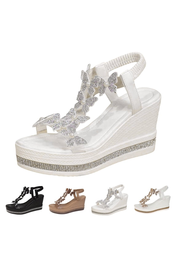 Women's High Heel Wedge Sandals Fashionable Bow Rhinestones Platform Slides Sandal Elastic Strap Summer Beach Shoes Black 8.5