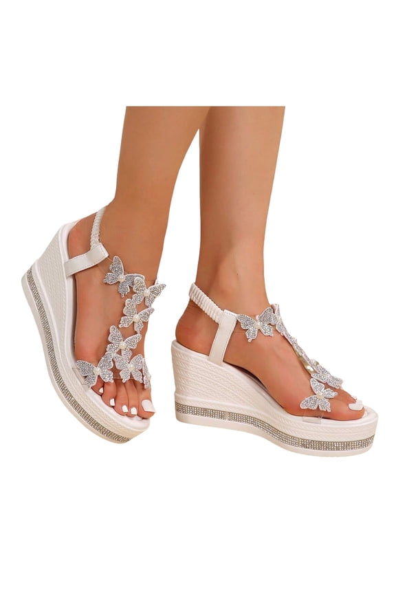 Women's High Heel Wedge Sandals Fashionable Bow Rhinestones Platform Slides Sandal Elastic Strap Summer Beach Shoes White 7.5