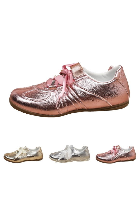Women's Lace up Ballerina Sneakers Comfortable Dressy Ballet Flat Shoes Casual Workout Round Toe Walking Dance Shoe size 7 Gold