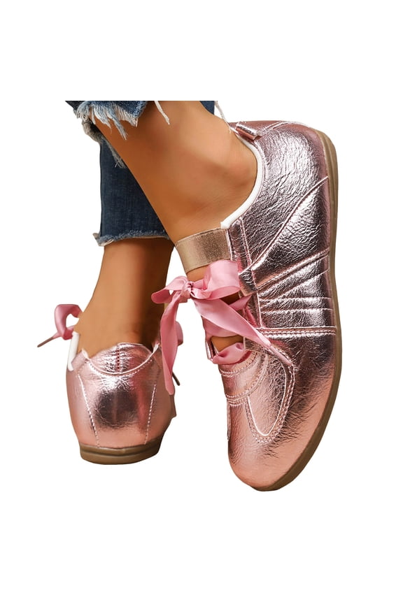 Women's Lace up Ballerina Sneakers Comfortable Dressy Ballet Flat Shoes Casual Workout Round Toe Walking Dance Shoe size 7 Pink