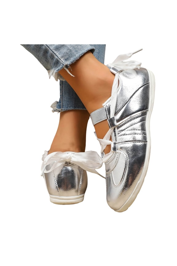 Women's Lace up Ballerina Sneakers Comfortable Dressy Ballet Flat Shoes Casual Workout Round Toe Walking Dance Shoe size 9.5 Silver