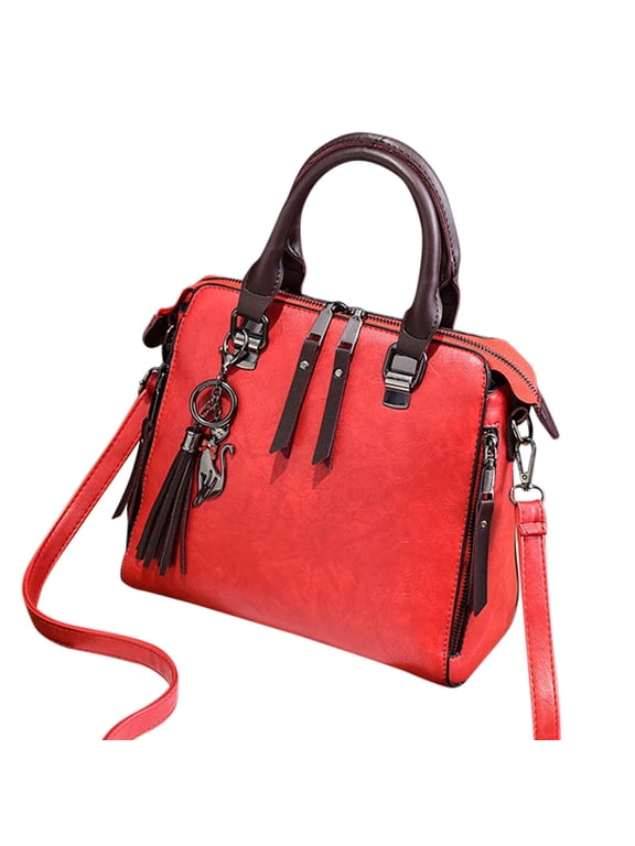 Women's Leather Handbags Tassel Zipper Compartments Crossbody Shoulder Bags Top Handle Satchel for Ladies Vacation Red