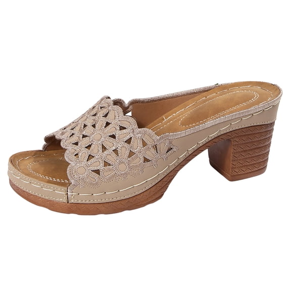 Modstep Women's Low Block Heel Wedge Sandals Embroidery Flower Orthopedic Slides Comfortable Summer Beach Dressy Slippers size 6.5 Brown