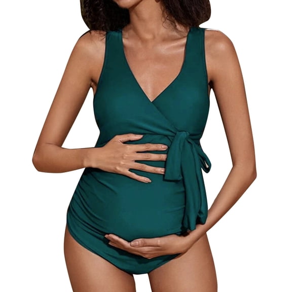 Modstep Women's Maternity Bodysuits V Neck Sleeveless Stretchy Tank Tops Belt Pregnancy Jumpsuits for Ladies Summer Travel Green XL