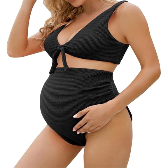 Modstep Women's Maternity High Waist Bikini Swimsuit 2 Piece Bathing Suit Pregnancy Clothes for Ladies Summer Travel Black L