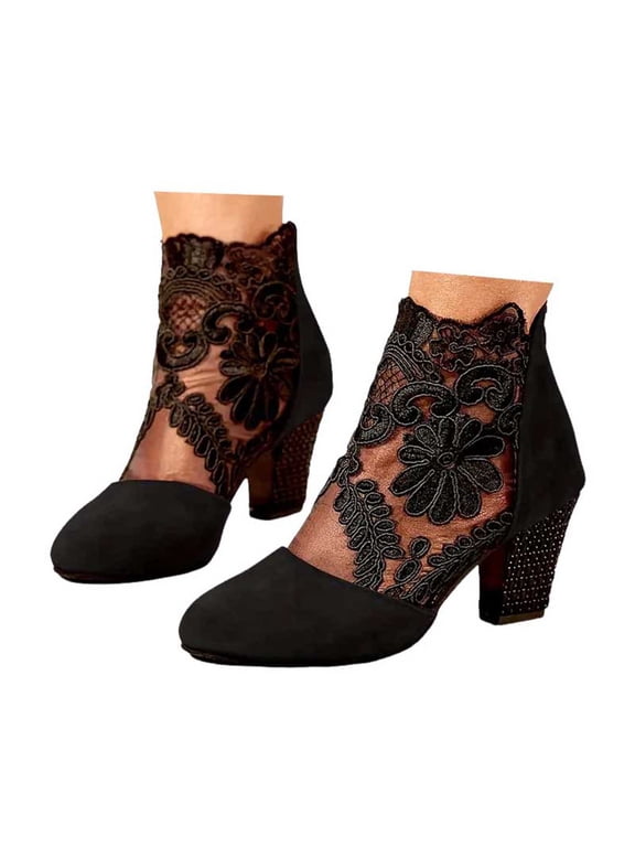 Women's Mesh Sandals Booties Lace Flower Closed Toe Dress Pumps Shoes Chunky Mid Heel Summer Shoes with Back Zipper Black 6.5