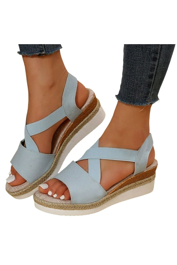Women's Open Toe Espadrilles Wedge Sandals Platform Dressy Slide Shoes with Arch Support Ladies Summer Ankle Strap Slides Blue 6.5