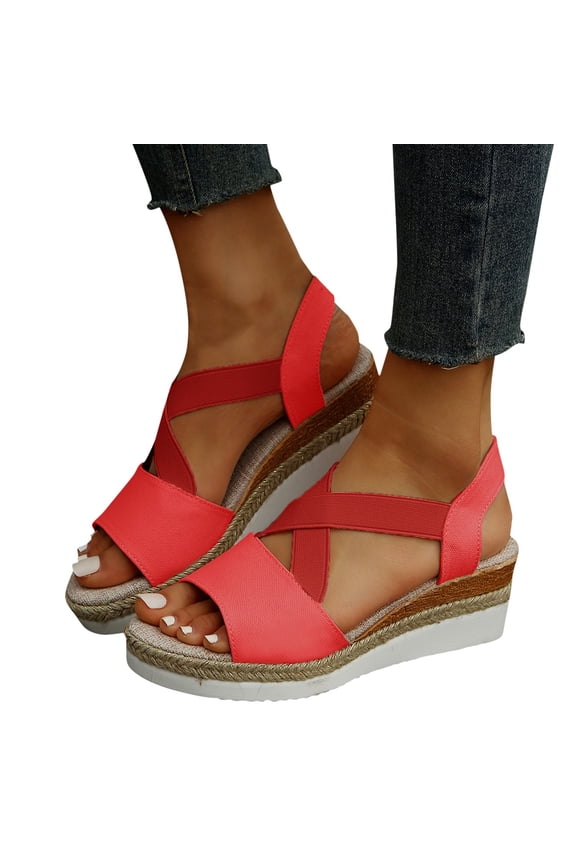 Women's Open Toe Espadrilles Wedge Sandals Platform Dressy Slide Shoes with Arch Support Ladies Summer Ankle Strap Slides Red 7