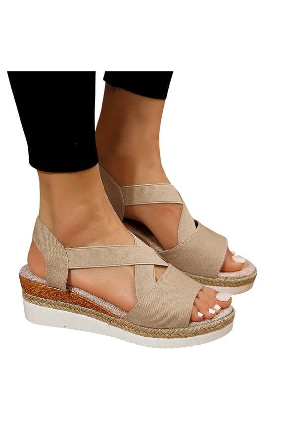 Women's Open Toe Espadrilles Wedge Sandals Slip on Elastic Ankle Strap Platform Sandal Summer Dressy Comfortable Daily Shoes Brown 9