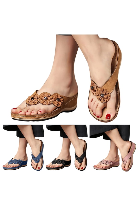 Women's Orthopedic Platform Flip Flop with Arch Support Recovery Walking Flower Thong Sandals Slip on Summer Beach Shoes Black 8