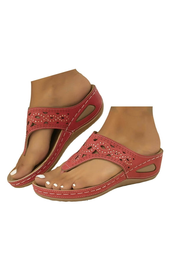 Women's Orthopedic Wedge Sandals Platform Arch Support Flip Flops Summer Vacation Comfortable Wide Width Slide Shoes Red 7