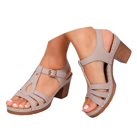Modstep Women's Platform Chunky Heel Sandals Open Toe Ankle Strap Slip on Comfortable Outdoor Slides College Students Party Shoes Brown 7