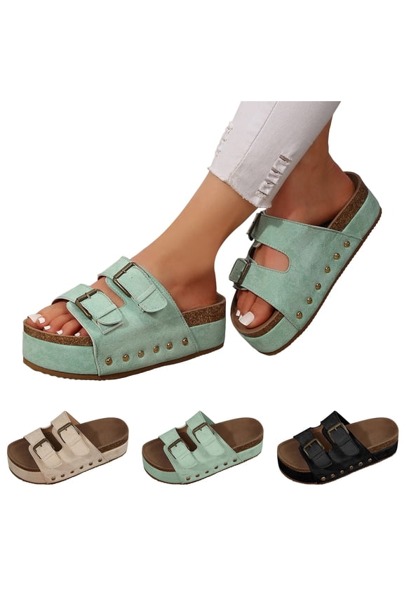 Women's Platform Clogs Sandals Cork Footbed Open Toe Slide Shoes Double Buckles Summer Comfortable Wide Widths Slippers Beige 7.5