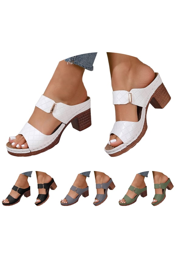 Women's Platform Sandals Chunky Block Mid Heel Shoes Wide Width Dressy Pumps Arch Support Open Toe Slip on Slides Black 7.5