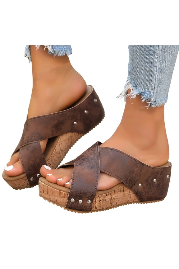 Women's Platform Slide Sandals Comfortable Arch Support Cork Footbed Slides Crooss Two Strap Slip on Beach Wedge Shoes size 6.5 Brown
