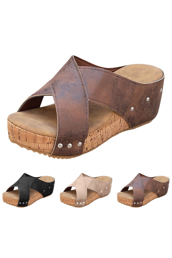 Women's Platform Slide Sandals Comfortable Arch Support Cork Footbed Slides Crooss Two Strap Slip on Beach Wedge Shoes size 6 Beige