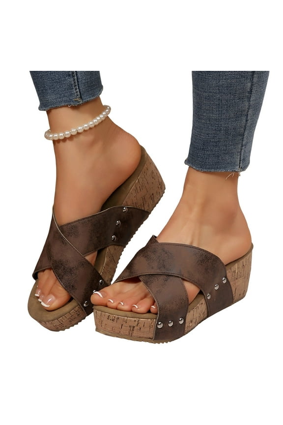 Women's Platform Wedge Sandals Comfortable Open Toe Cork Footbed Slip on Slides Dressy Crooss Strap Slippers Shoes Brown 7