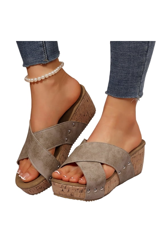 Women's Platform Wedge Sandals Comfortable Open Toe Cork Footbed Slip on Slides Dressy Crooss Strap Slippers Shoes Brown 8