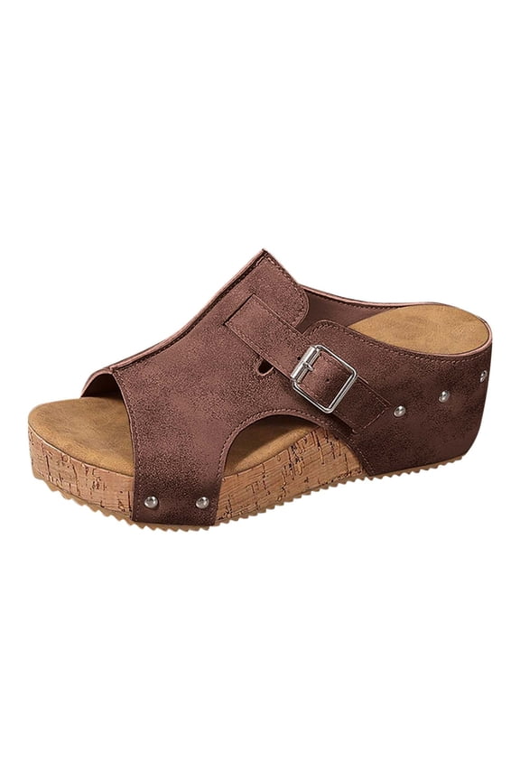 Modstep Women's Platform Wedge Sandals Comfortable Open Toe Orthopedic Cork Footbed Slides Casual Dressy Summer Shoes size 7 Brown
