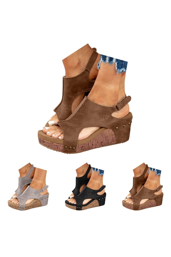 Women's Platform Wedge Sandals Cork Footbed Slingback Low Heels Shoes Open Toe Summer Slides with Hook and Loops Black 7.5