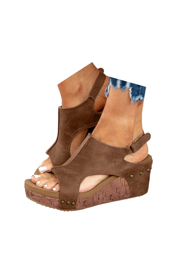 Women's Platform Wedge Sandals Cork Footbed Slingback Low Heels Shoes Open Toe Summer Slides with Hook and Loops Brown 7.5