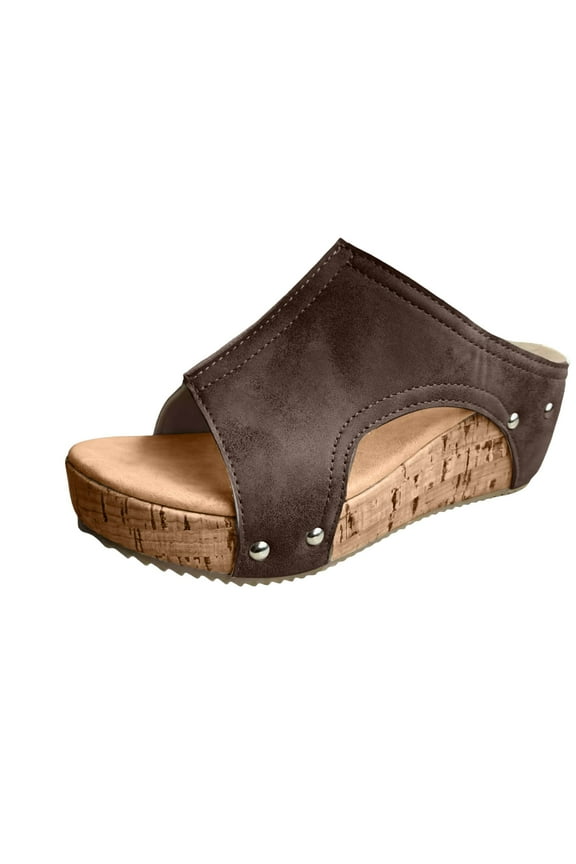 Women's Platform Wedge Sandals Open Toe Slip on Slides with Arch Support Cork Heeled Suede Comfortable Summer Shoes size 7.5 Brown