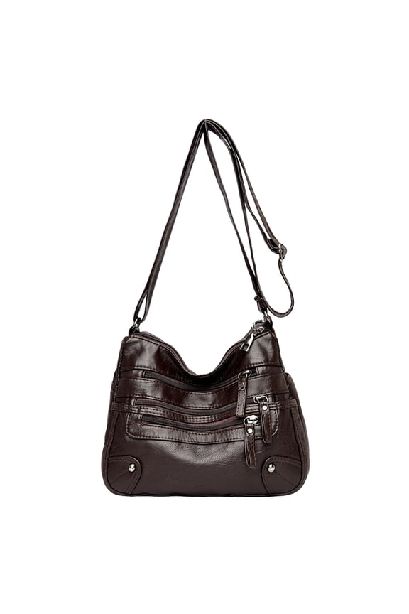 Women's Retro Crossbody Tote Bag Multiple Zipper Compartments Soft Leather Shoulder Purse Lady Versatile Underarm Handbag Brown