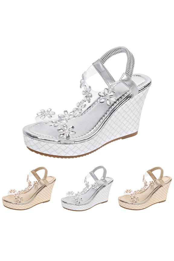 Women's Rhinestone Flower Wedge Sandals Elegant Comfortable Sparkly Platform Slides Summer Outdoor Wedding Shoes size 6.5 Gold