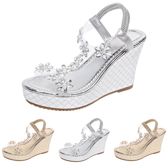 Modstep Women's Rhinestone Flower Wedge Sandals Elegant Comfortable Sparkly Platform Slides Summer Outdoor Wedding Shoes size 6 Gold
