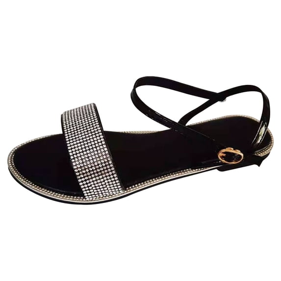 Modstep Women's Rhinestone Sandals Open Toe Casual Dressy Slides Sparkly Comfortable Flat Summer Shoes with Adjustable Ankle Strap Black 10
