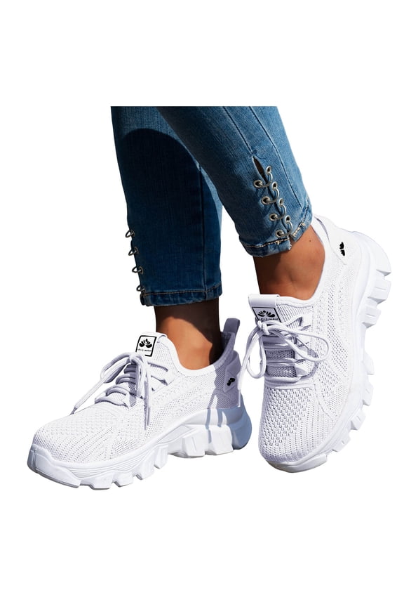 Women's Road Running Shoes Non Slip Walking Athletic Chunky Sneakers Breathable Lace up Casual Shoe wth Arch Support White size 7