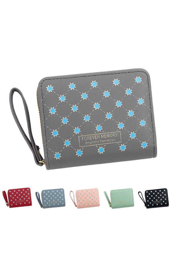 Women's Short Wallet Stars Pattern Leather Zipper Compartments Wristlet Purse Ladies Clutch Bags Students Card Holder Black