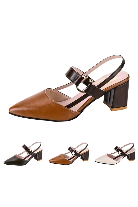 Women's Slingback Heels Closed Pointed Toe Wedding Party Dress Pumps Summer Chunky Heel Slip on Leather Dressy Shoes size 9 Beige