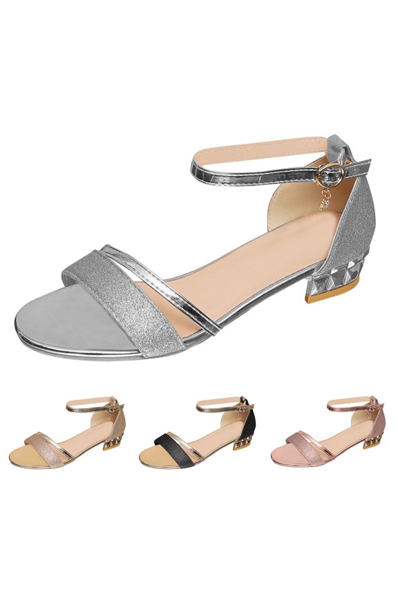 Women's Sparkly Low Block Heel Sandals Adjustable Ankle Strap Bridal Wedding Dress Shoes Summer Flat Slide Sandal size 6.5 Black