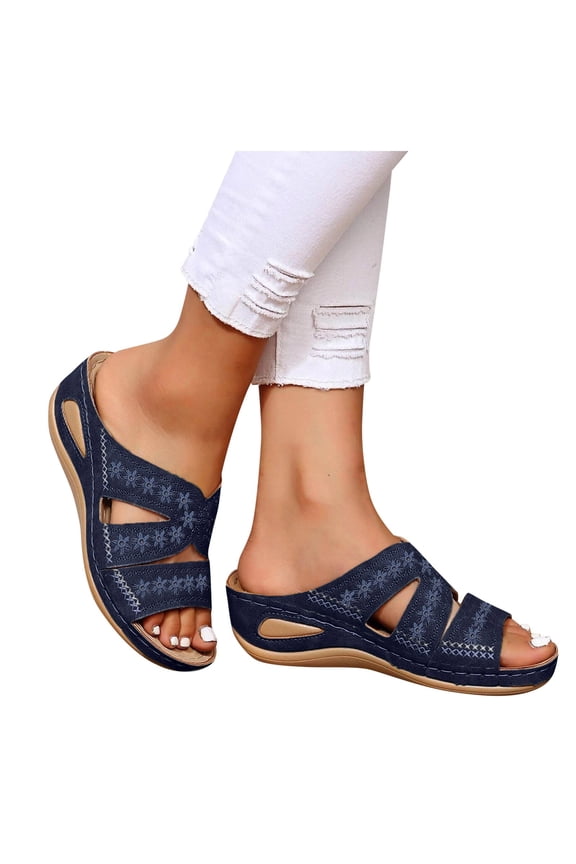 Women Orthopedic Wedge Sandals Wide Width Comfortable Beach Slides Shoes Summer Slip on Soft Rubber Casual Slippers size 8 Blue