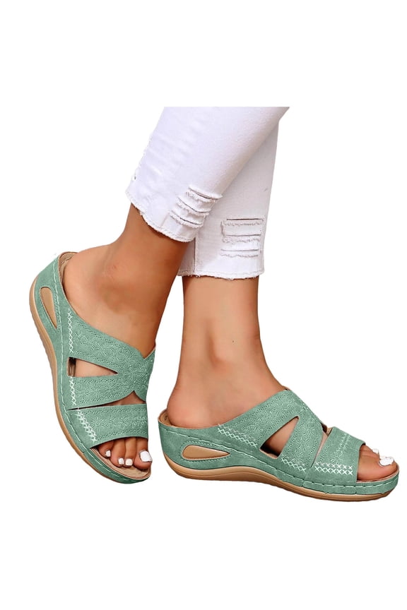 Orthopedic Wedge Sandals for Women Low Heel Arch Support Rubber Sole Flat Sandal Ladies Summer Beach Outdoor Walking Slide Shoes Green 7