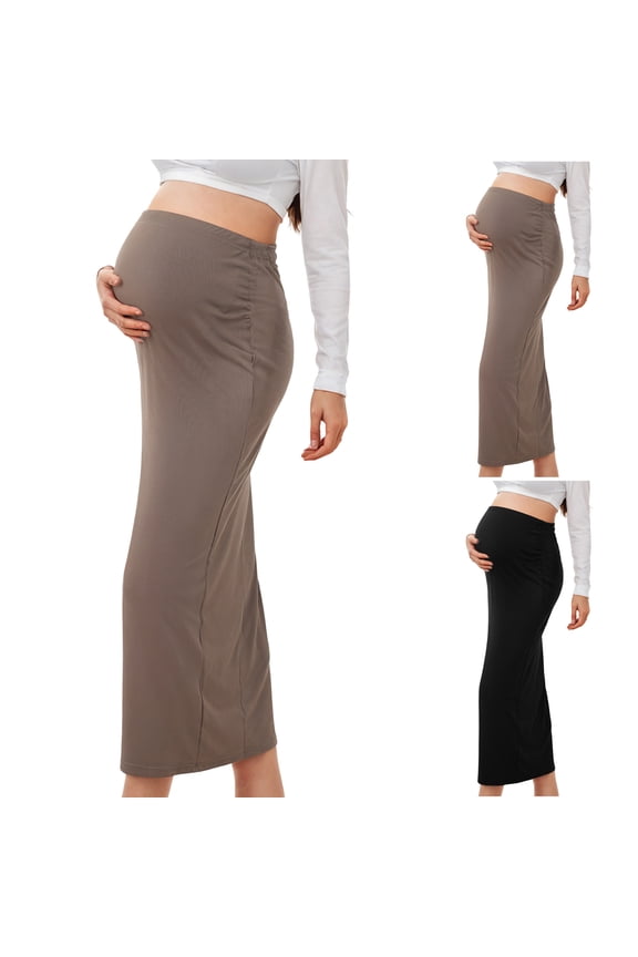 Womens Bodycon Skirt for Maternity Over The Belly High Waisted Stretchy Summer Pregnancy Pencil Skirt Black L