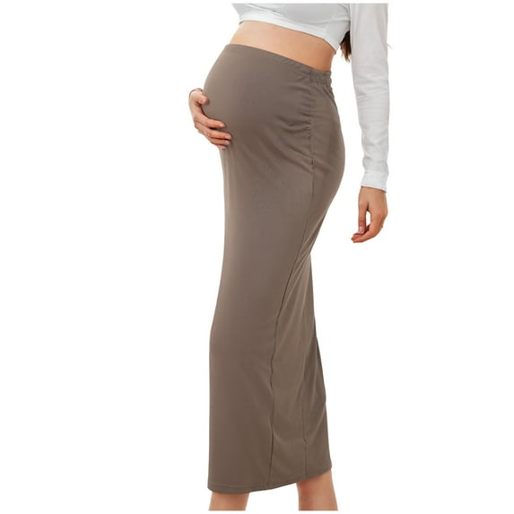 Modstep Womens Bodycon Skirt for Maternity Over The Belly High Waisted Stretchy Summer Pregnancy Pencil Skirt Brown S